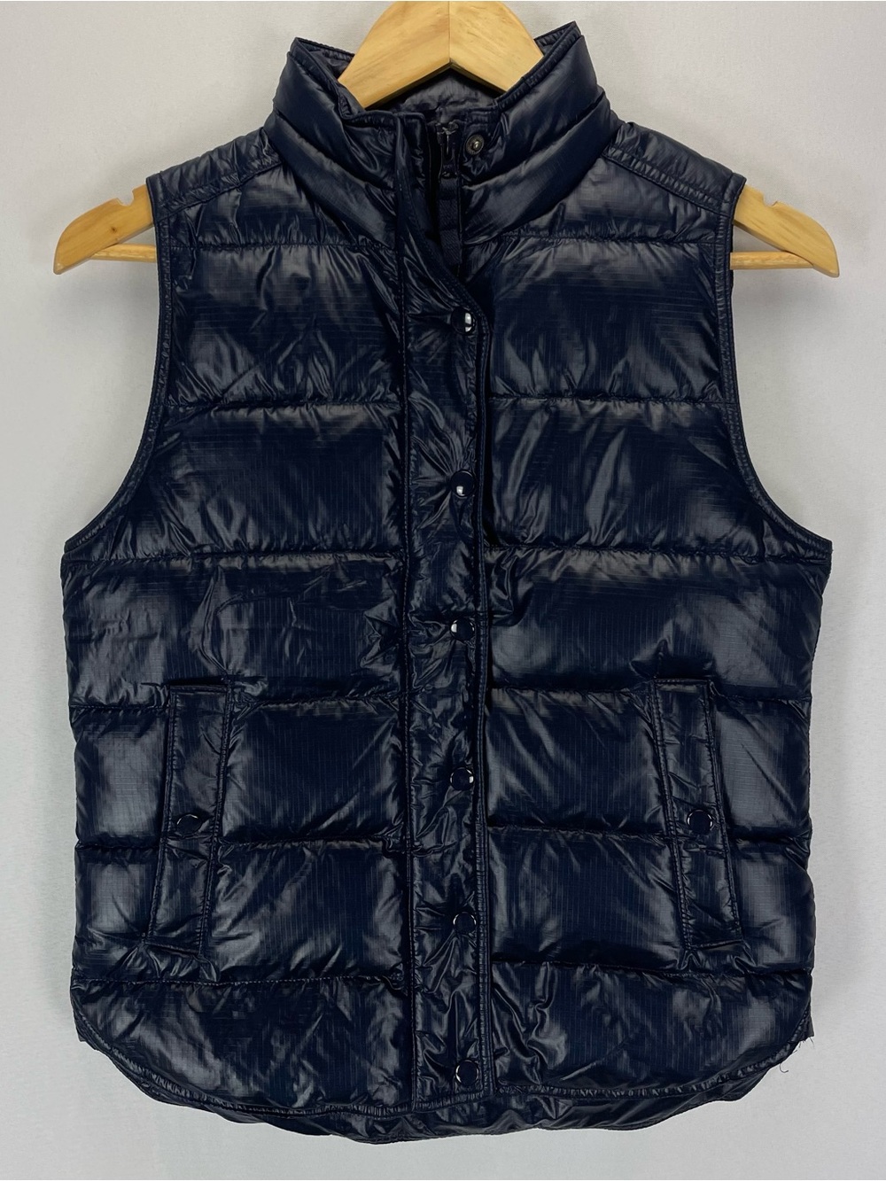 J. Crew Puffer Vest Women’s XS Blue Full Zip + Snap Pockets Goose Down Insulated